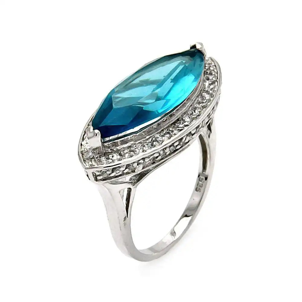 925 Sterling Silver Clearance Rhodium Plated Blue Cat's Eye CZ Ring