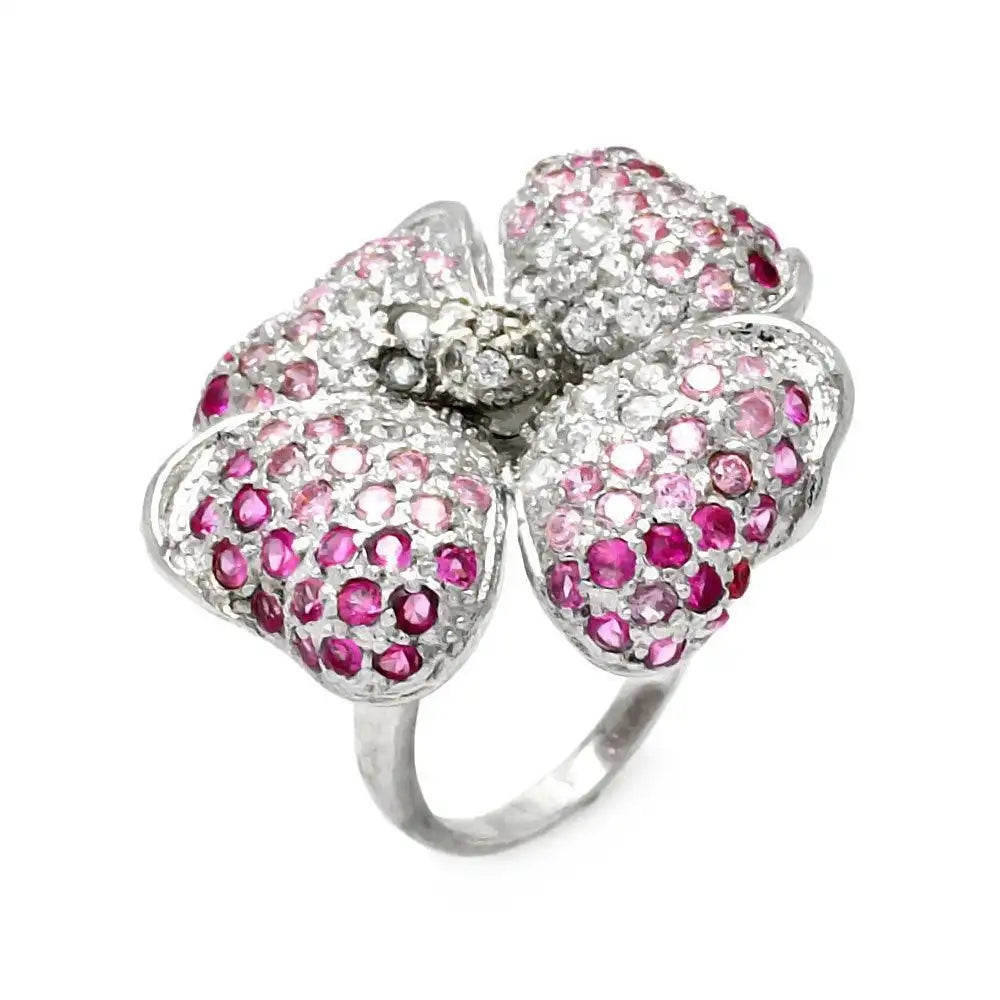 925 Sterling Silver Clearance Rhodium Plated Pink CZ Clover Ring