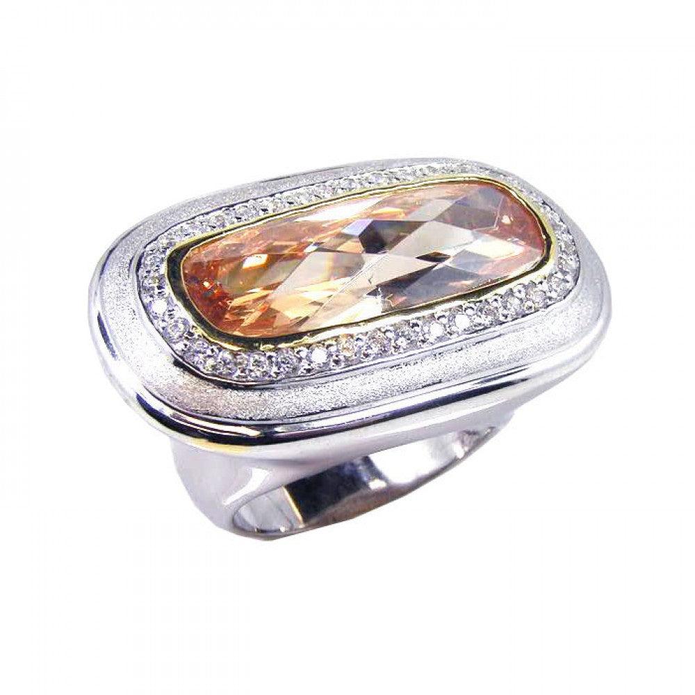 925 Silver Clearance-Rhodium Plated Wide Champagne and Clear CZ Ring