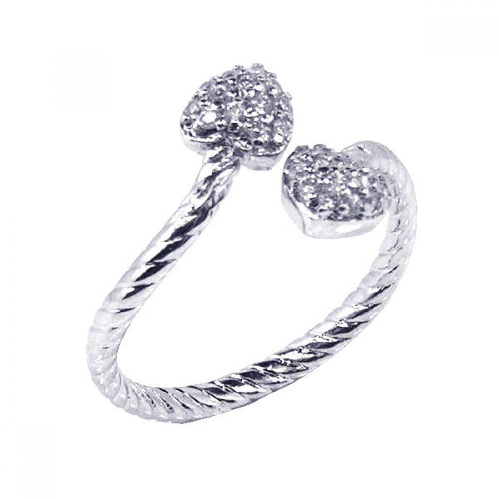 925 Silver Rhodium Plated CZ Adjustable Double Heart Ring