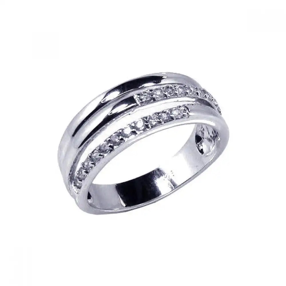 925 Sterling Silver Rhodium Plated 3 Row CZ Ring