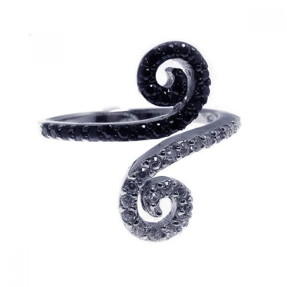 925 Silver Rhodium and Black Rhodium Plated Black and Clear CZ Double Curl Ring