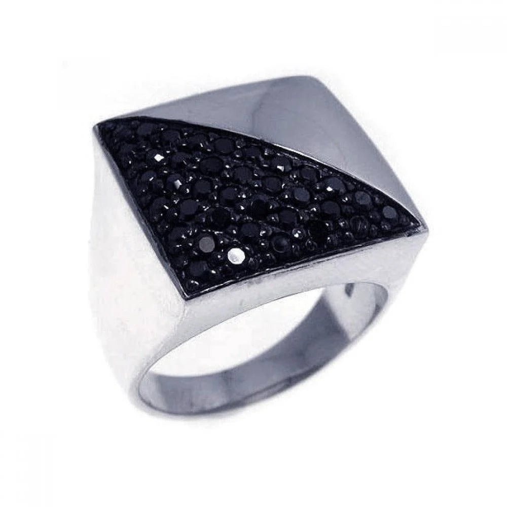 925 Silver Clearance-Rhodium and Black Rhodium Plated Half Pave Set Black CZ Square Ring