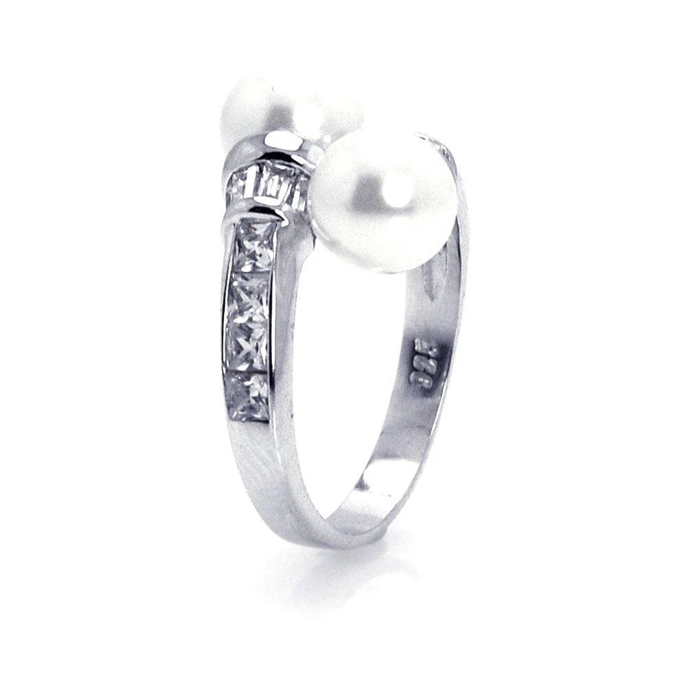 925 Silver Rhodium Plated CZ Double Pearl Ring