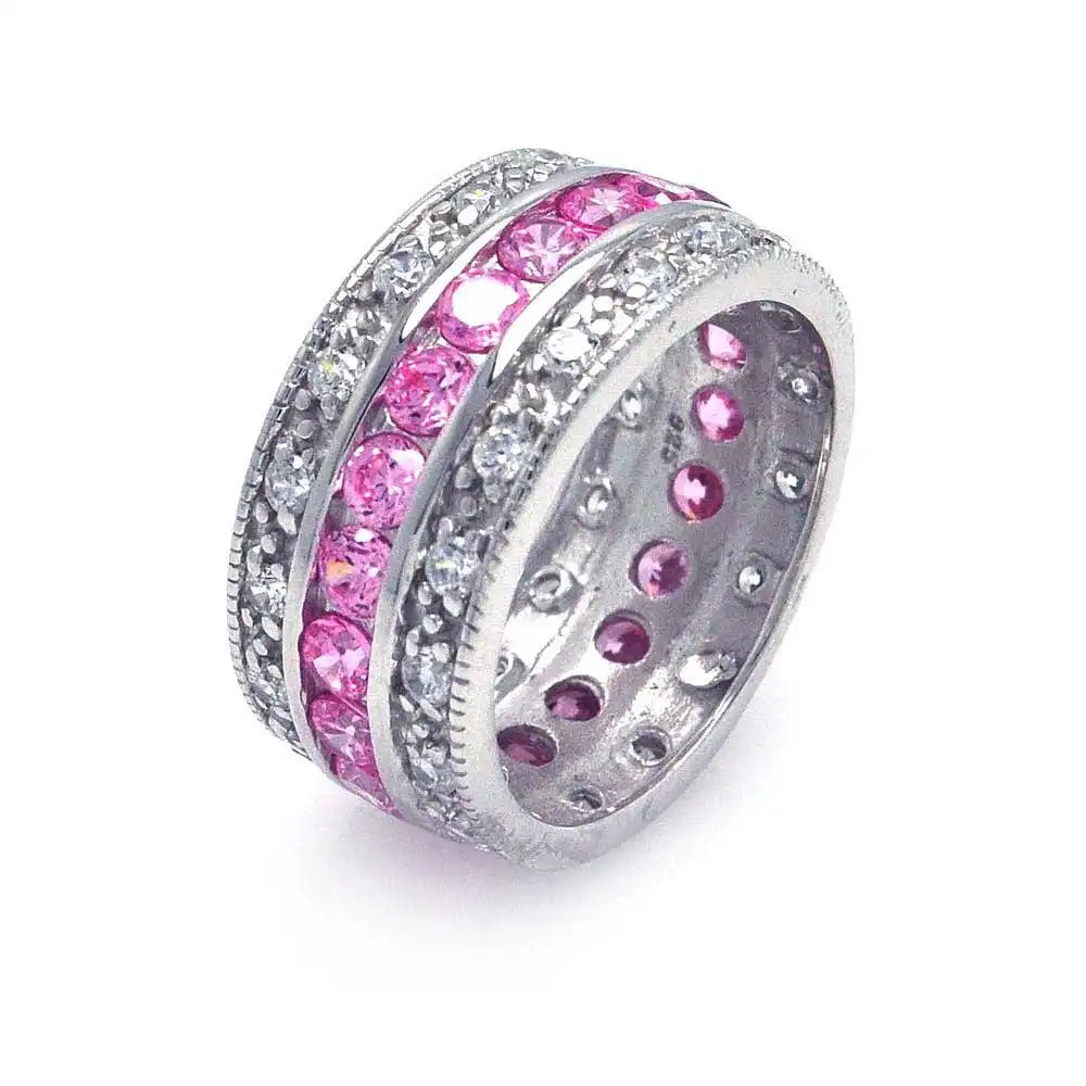 925 Sterling Silver Rhodium Plated Clear and Pink CZ Channel Eternity Ring