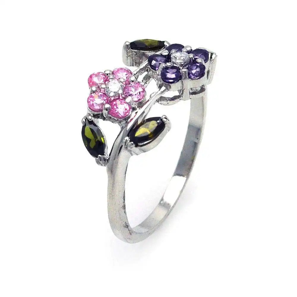 925 Sterling Silver Rhodium Plated Multi Colored CZ Flower Ring