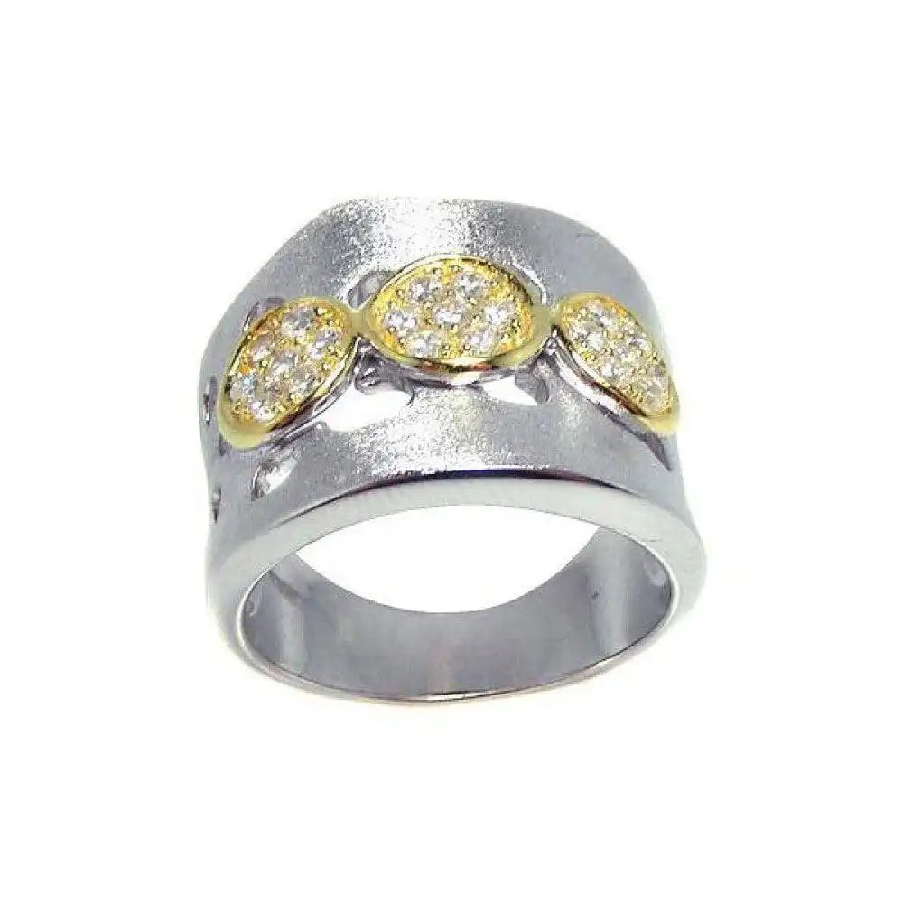 925 Sterling Silver Clearance Rhodium and 3 Gold Plated Circle Matte Finish CZ Ring