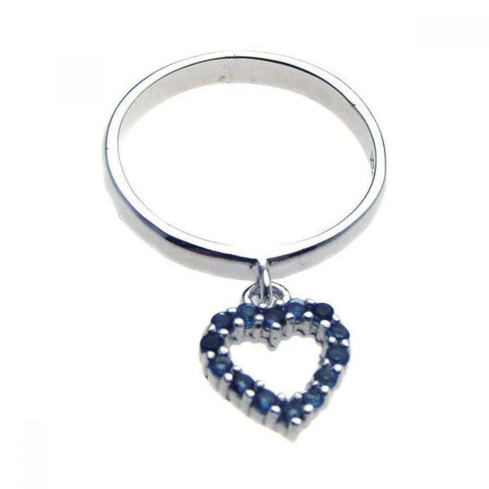 925 Silver Rhodium Plated Hanging Blue CZ Heart Ring