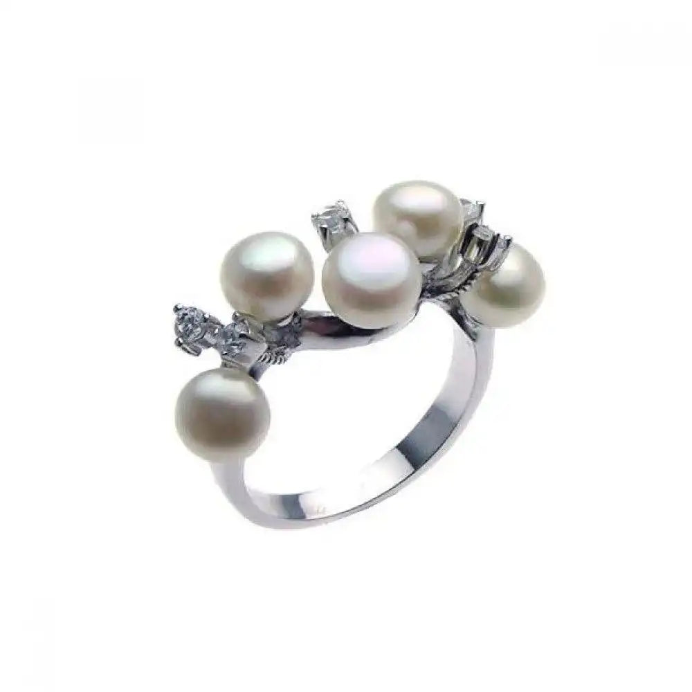 925 Sterling Silver Clearance Rhodium Plated CZ Multiple Fresh Water Pearl Ring