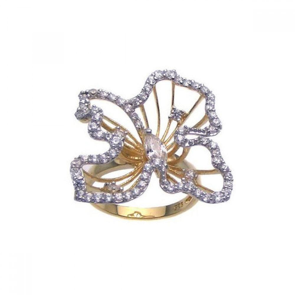 925 Silver Clearance-Gold Plated CZ Open Flower Ring