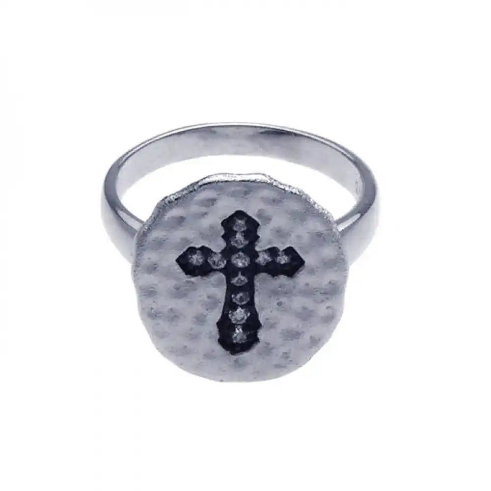 925 Sterling Silver Clearance Rhodium and Black Rhodium Plated CZ Cross Hammered Ring