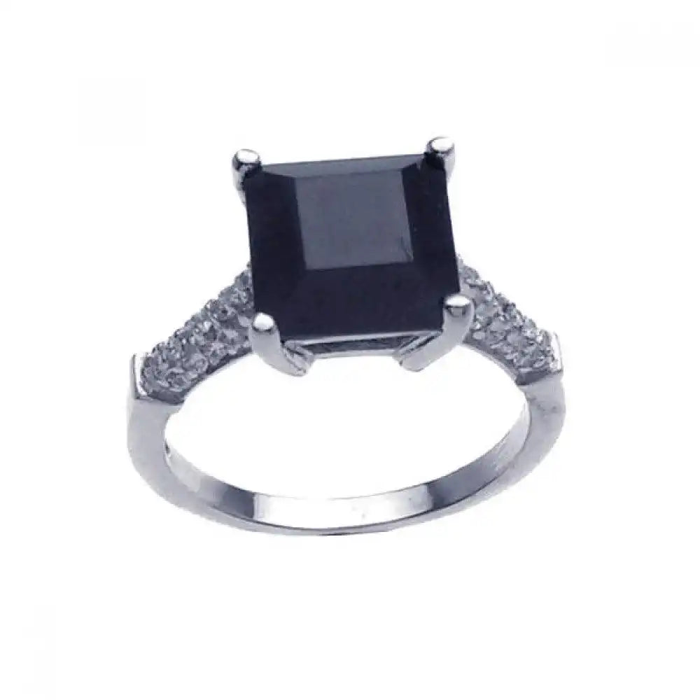 925 Sterling Silver Rhodium Plated Black Square Center Pave Set Clear CZ Ring
