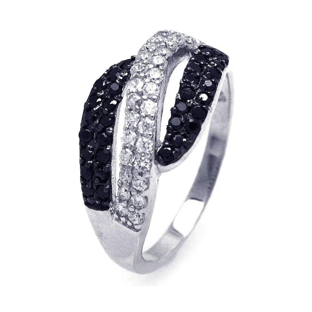 925 Sterling Silver Clearance Rhodium and Black Rhodium Plated Black and Clear CZ Wave Ring