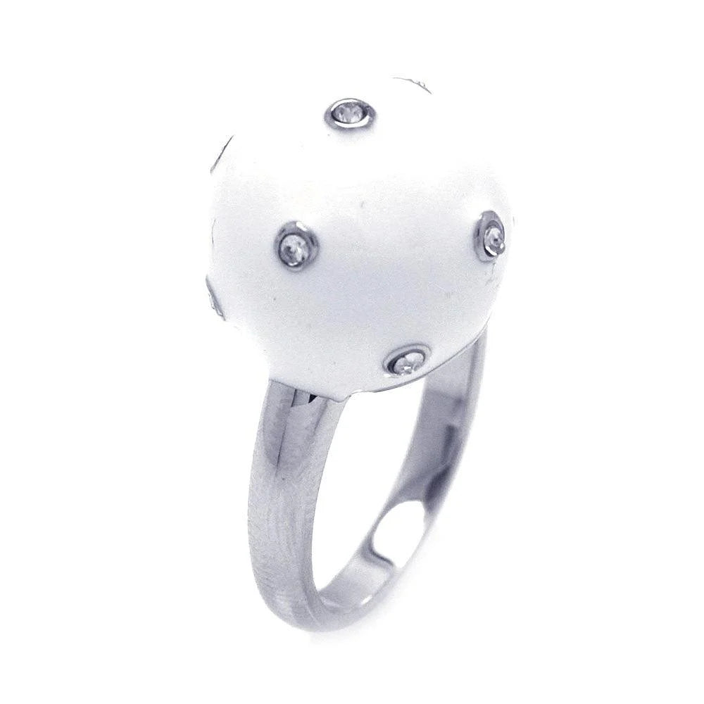 925 Silver Clearance-Rhodium Plated White Enamel CZ Ball Ring
