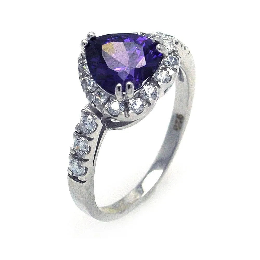 925 Sterling Silver Rhodium Plated Purple and Clear Cluster CZ Heart Ring