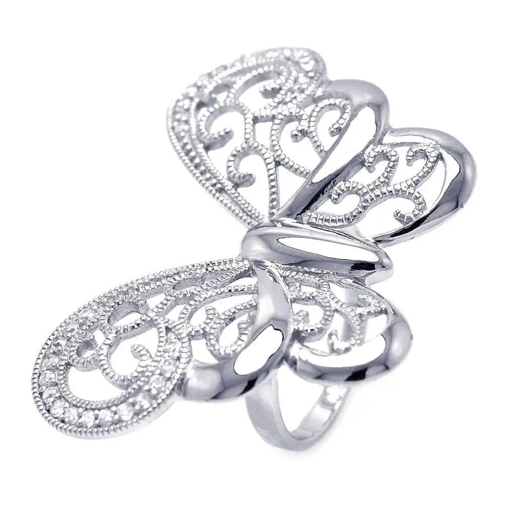 925 Sterling Silver Clearance Rhodium Plated CZ Large Butterfly Ring