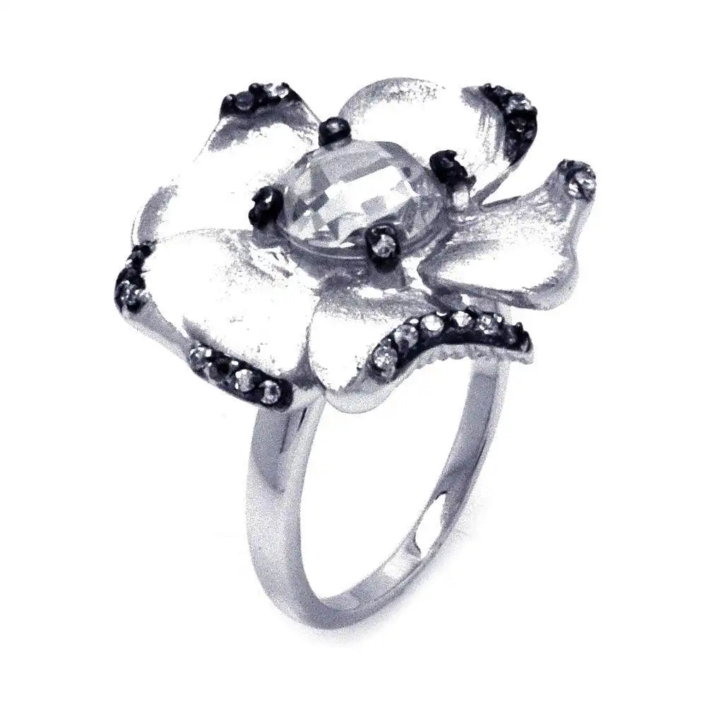 925 Sterling Silver Clearance Rhodium and Black Rhodium Plated CZ Flower Ring