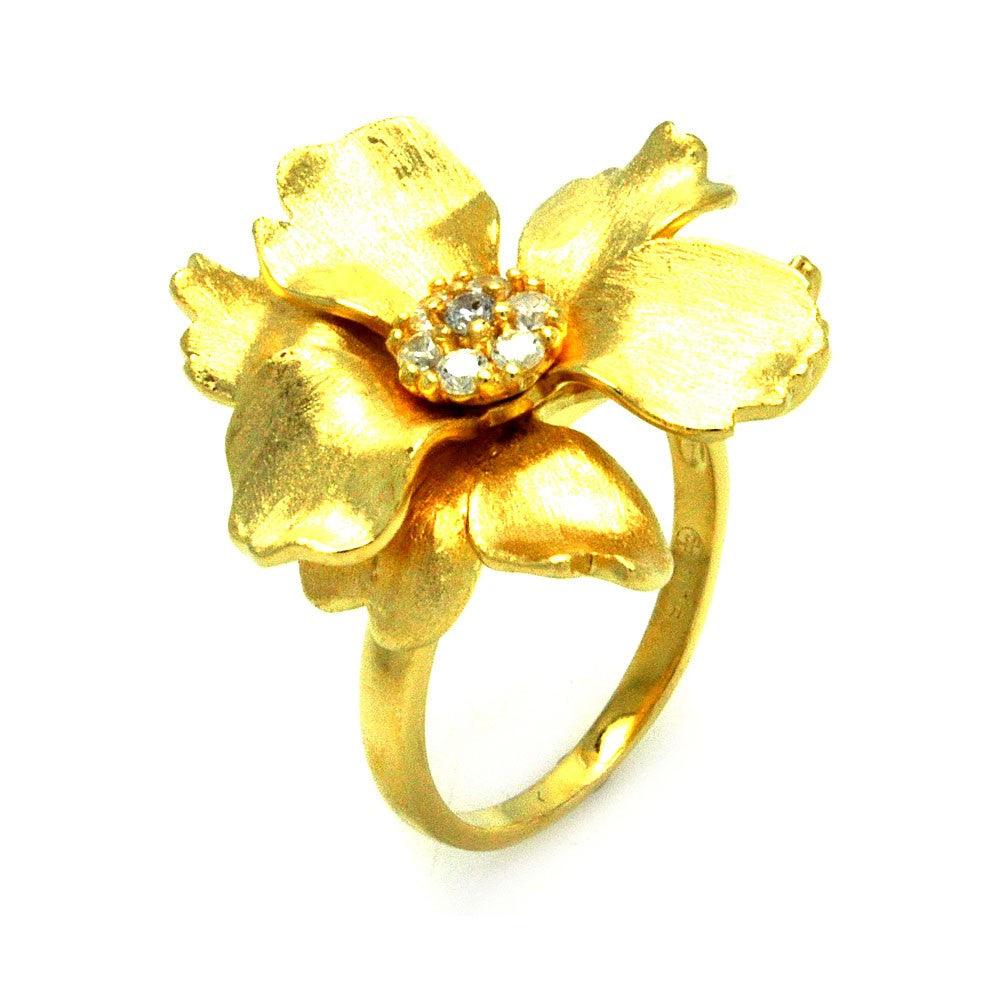 925 Silver Clearance-Gold Plated Matte Finish Clear CZ Flower Ring