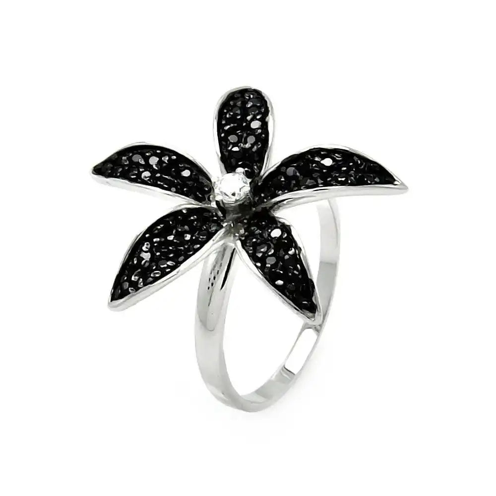 925 Sterling Silver Clearance Black and Silver Rhodium Plated Small Round CZ Flower Ring