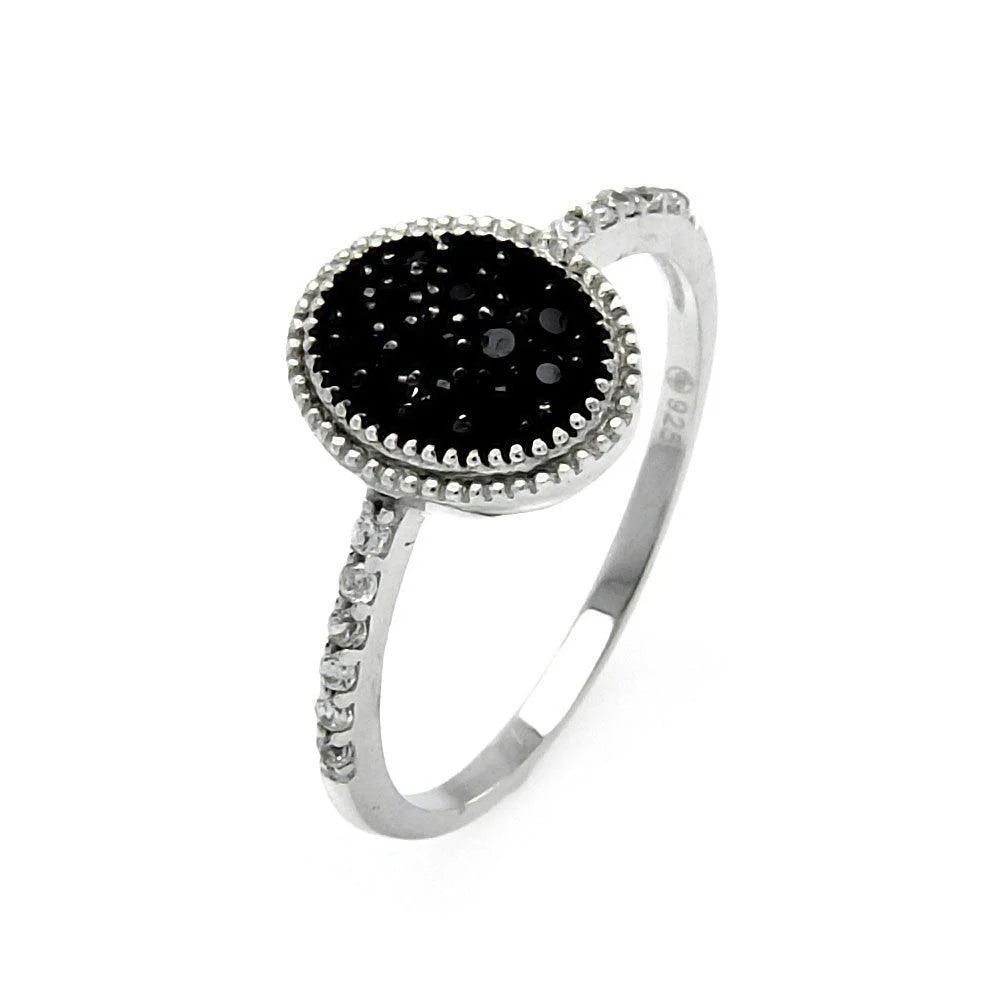 925 Silver Black and Silver Rhodium Plated Round Oval Circle CZ Ring