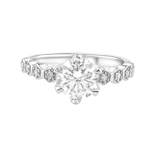 925 Sterling Silver Rhodium Plated 1 Carat Round Moissanite and Clear CZ Ring