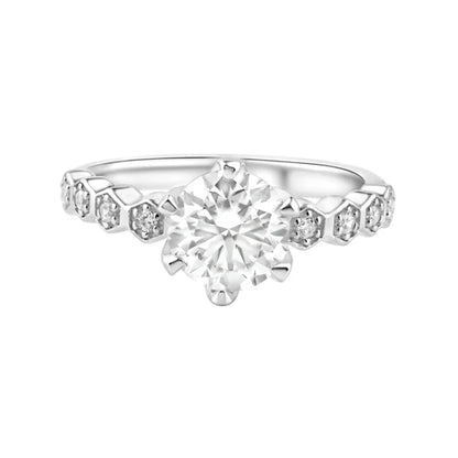 925 Sterling Silver Rhodium Plated 1 Carat Round Moissanite and Clear CZ Ring
