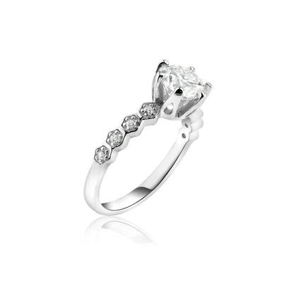 925 Sterling Silver Rhodium Plated 1 Carat Round Moissanite and Clear CZ Ring