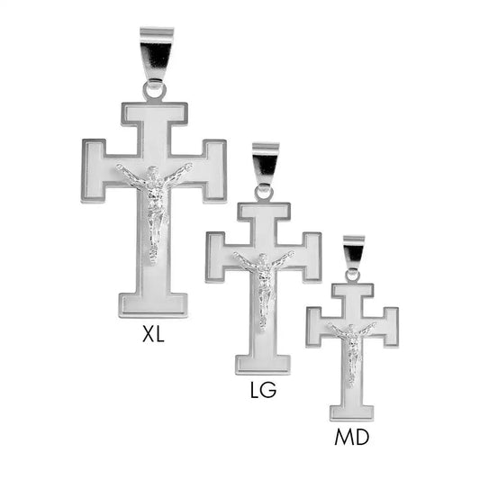 925 Sterling Silver High Polished Matte Finish Cross of Lorraine Style Pendant