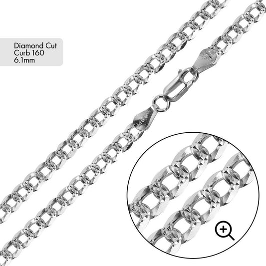Silver Curb 160 1 Side Diamond Cut 1 Side Plain Chain or Bracelet 6.1mm
