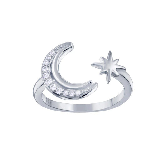 925 Sterling Silver Rhodium Plated Cresent Moon and Star CZ Ring