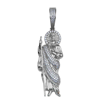 925 Sterling Silver Rhodium Plated CZ St Jude Hip Hop Pendant