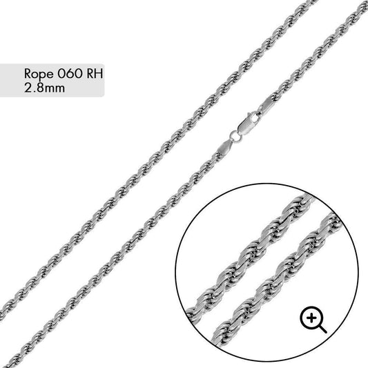 925 Sterling Silver Rhodium Plated Rope 060 2.8mm Chain or Bracelet