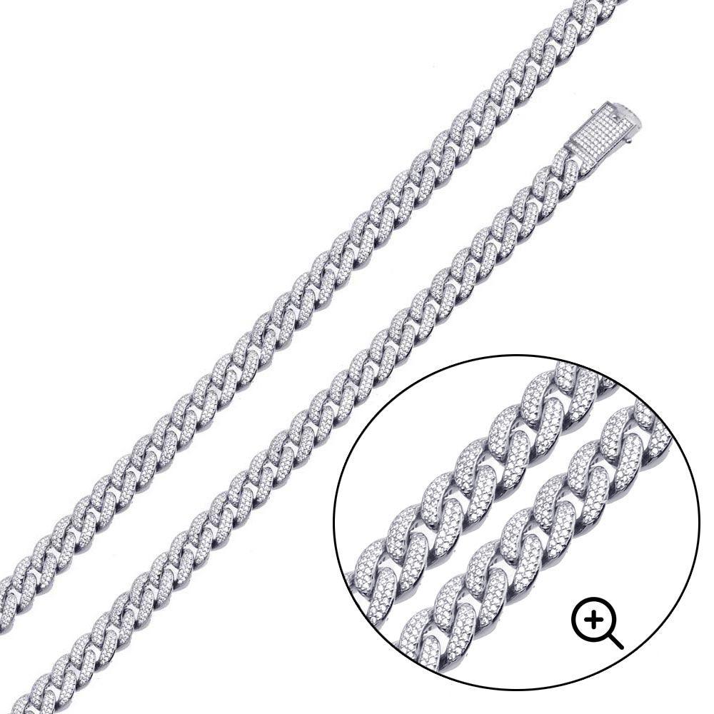 925 Sterling Silver Rhodium Plated 9.5mm Miami Curb CZ Chain or Bracelet