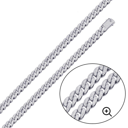 925 Sterling Silver Rhodium Plated 9.5mm Miami Curb CZ Chain or Bracelet