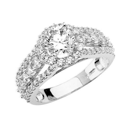 14K White Gold Cubic Zirconia Halo Split-Shank Engagement Ring