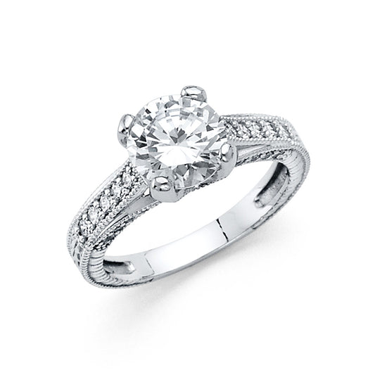 14K White Gold Cubic Zirconia Vintage-Style Engagement Ring