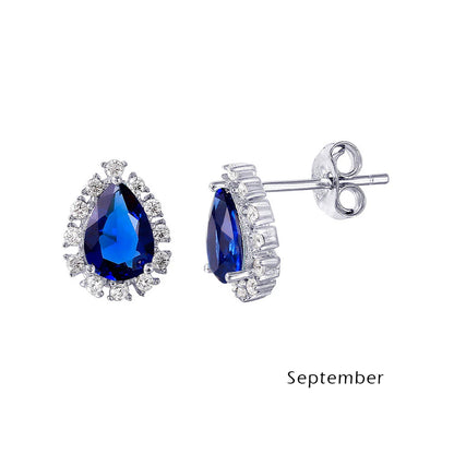 925 Sterling Silver Rhodium Plated Teardrop Halo CZ Birthstone Earrings