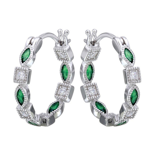 925 Sterling Silver Rhodium Plated Inner and Outer Green Clear CZ Hoop Earrings