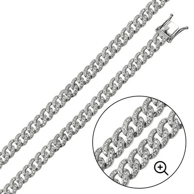 925 Sterling Silver Rhodium Plated CZ Encrusted Curb Chain or Bracelet 8.9mm