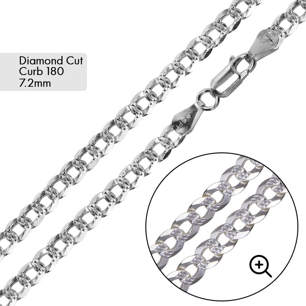 925 Sterling Silver Curb 180 1 Side Diamond Cut 1 Side Plain Bracelet and Chain 7.2mm