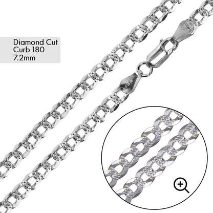 925 Sterling Silver Curb 180 1 Side Diamond Cut 1 Side Plain Bracelet and Chain 7.2mm