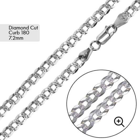 925 Sterling Silver Curb 180 1 Side Diamond Cut 1 Side Plain Bracelet and Chain 7.2mm