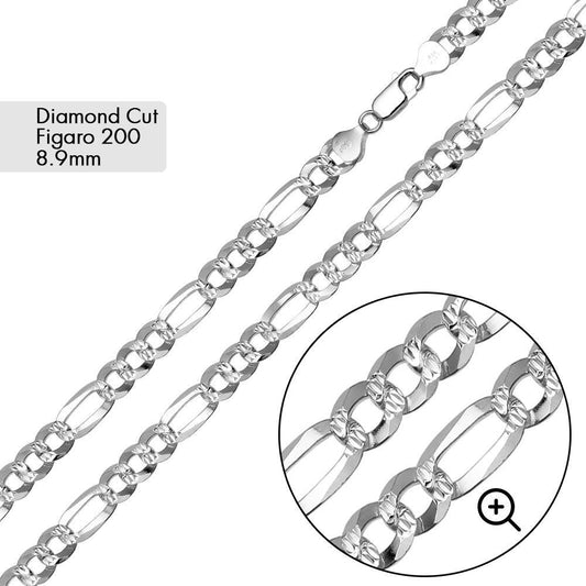 925 Sterling Silver Diamond Cut Figaro 200 Chain or Bracelet 8.9mm