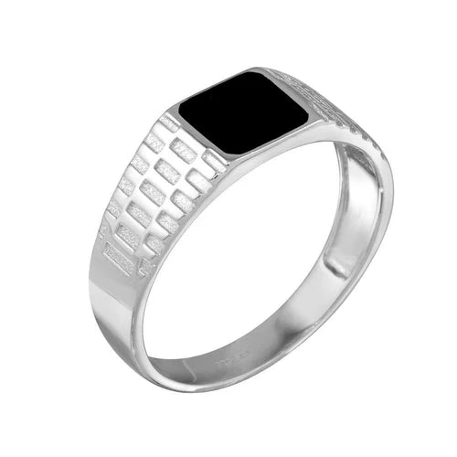 925 Sterling Silver Rhodium Plated Black Enamel Jubilee Design Shank Ring