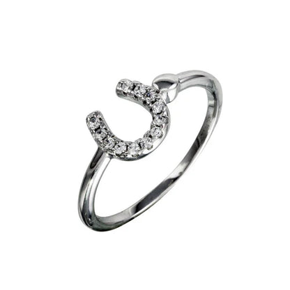 925 Sterling Silver Rhodium Plated CZ Encrusted Horse Shoe Ring
