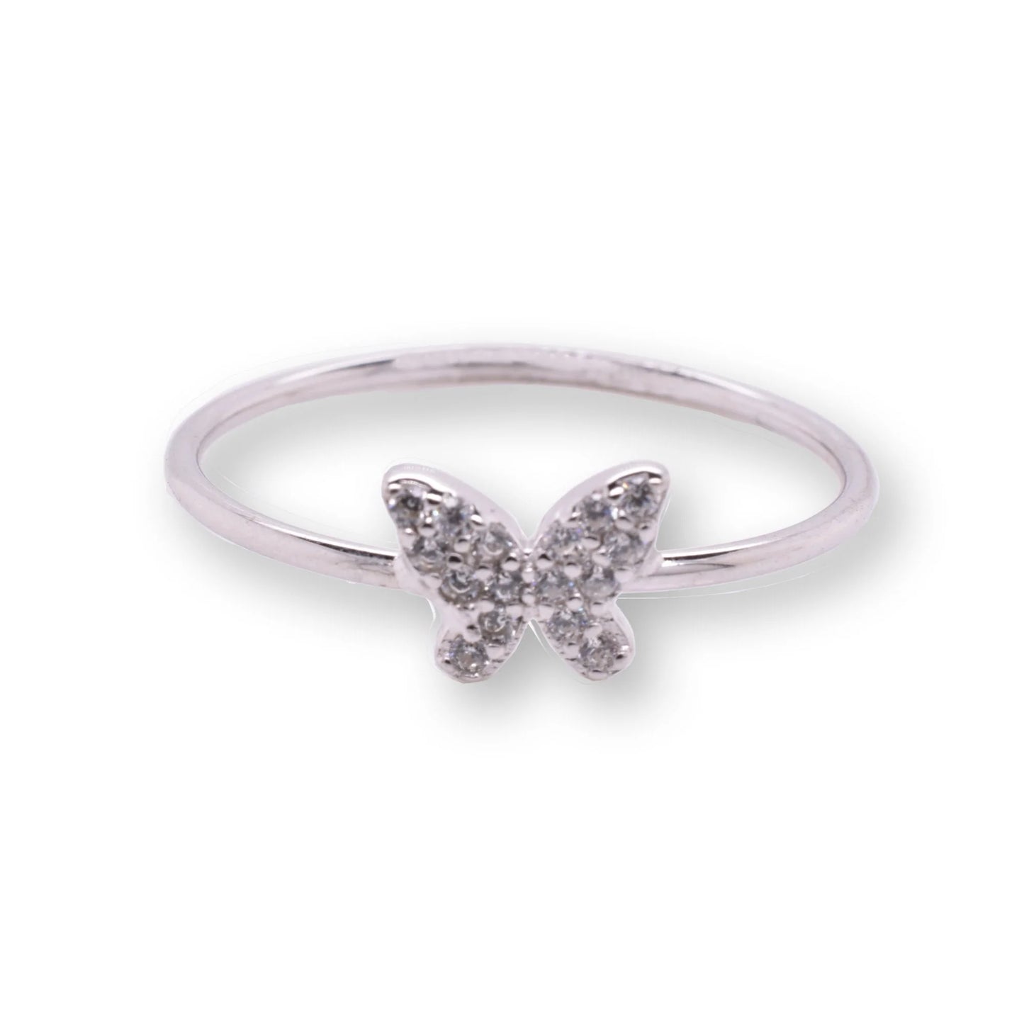 925 Sterling Silver Rhodium Plated Butterfly 1mm Clear CZ Ring