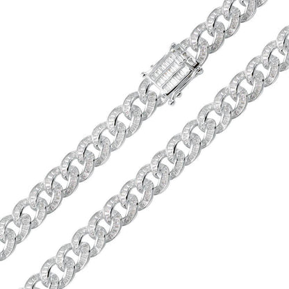 925 Sterling Silver Rhodium Plated Baguette CZ Encrusted Curb Chain or Bracelet 10.9mm