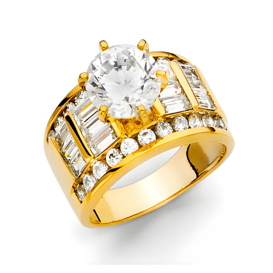 2.75 ct Six-Prong Round-Cut & Baguette Side CZ Engagement Ring in 14K Yellow Gold