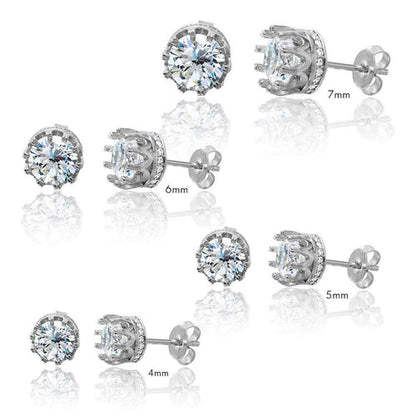 925 Sterling Silver Rhodium Plated Round Crown Basket Clear CZ Stud Earrings
