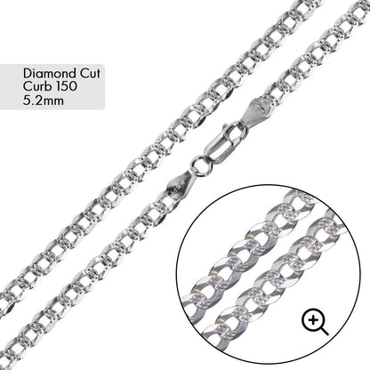 Silver Curb 150 1 Side Diamond Cut 1 Side Plain Chain or Bracelet 5.2mm